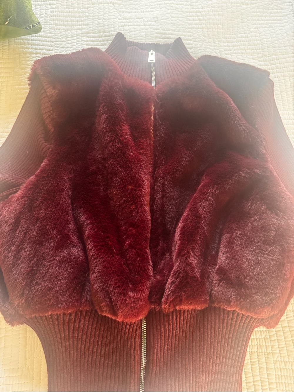 Ci Sono Plush Faux Fur Bomber Jacket in Burgundy